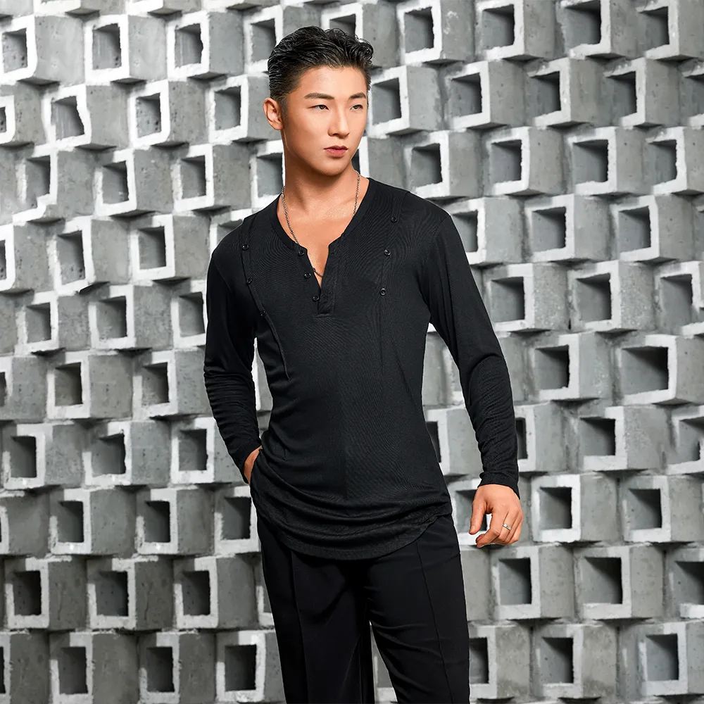 NY682 Men’s Button‑Detail Long‑Sleeve Latin Dance Top